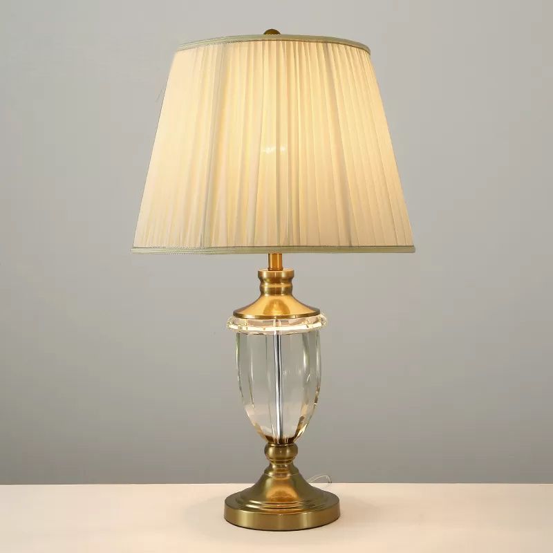 Tapering Fabric Nightstand Light Minimalistic Single Beige Table Lighting with Crystal Base