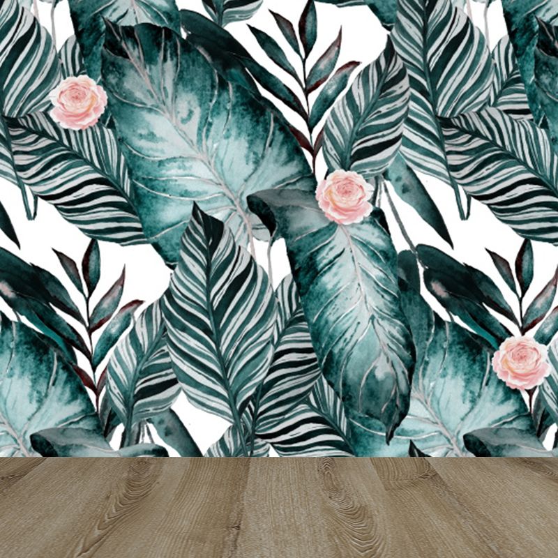 Tropical Leaves Mural Wallpaper Blackish Green Decorative Wall Covering for Bedroom