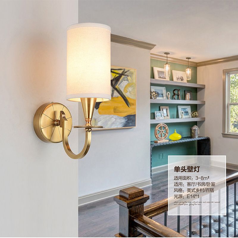 Brass Cylinder Sconce Light Retro Fabric Shade 1/2-Light Bedroom Wall Lamp with Metal Arched Arm