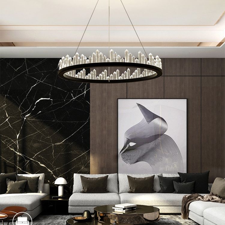 Black Circular LED Pendant Light in Modern Luxury Style Wrought Iron Hanging Lamp with Crystal Shade