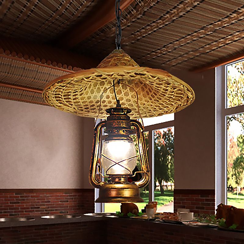 Metal Lantern Shade Hanging Light Country Style 12"/23.5" W 1 Bulb Beige Pendant Lighting with Rattan Hat Design