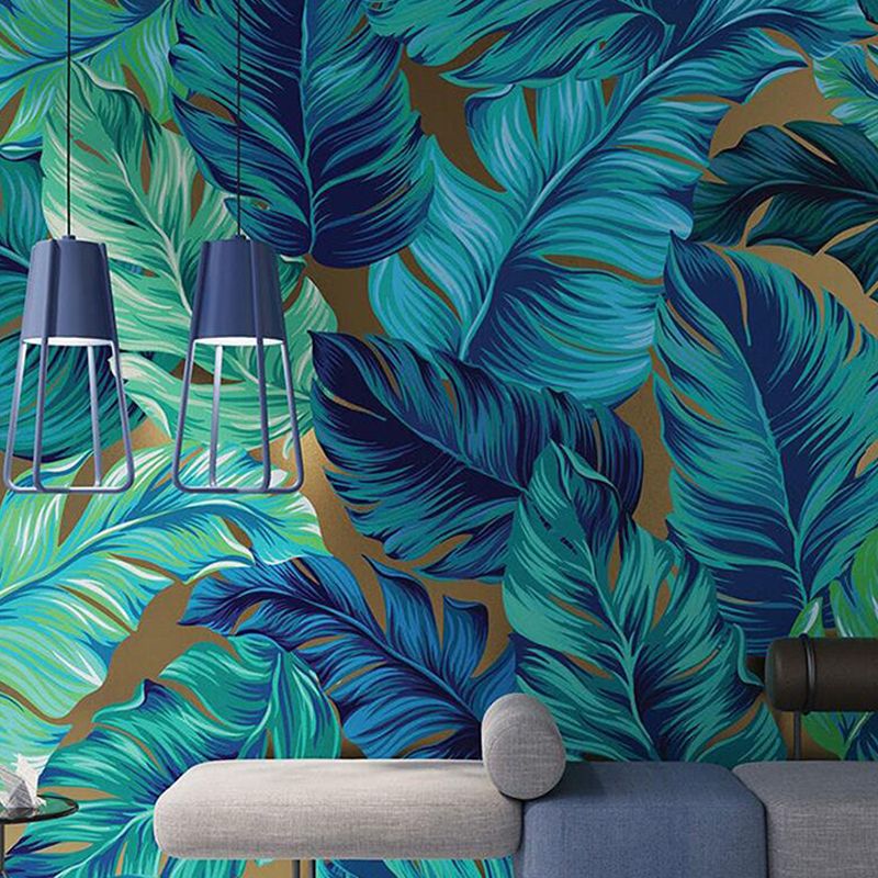 Whole Illustration Minimalist Wall Mural for Home Decoration with Banana Leaves in Green and Blue
