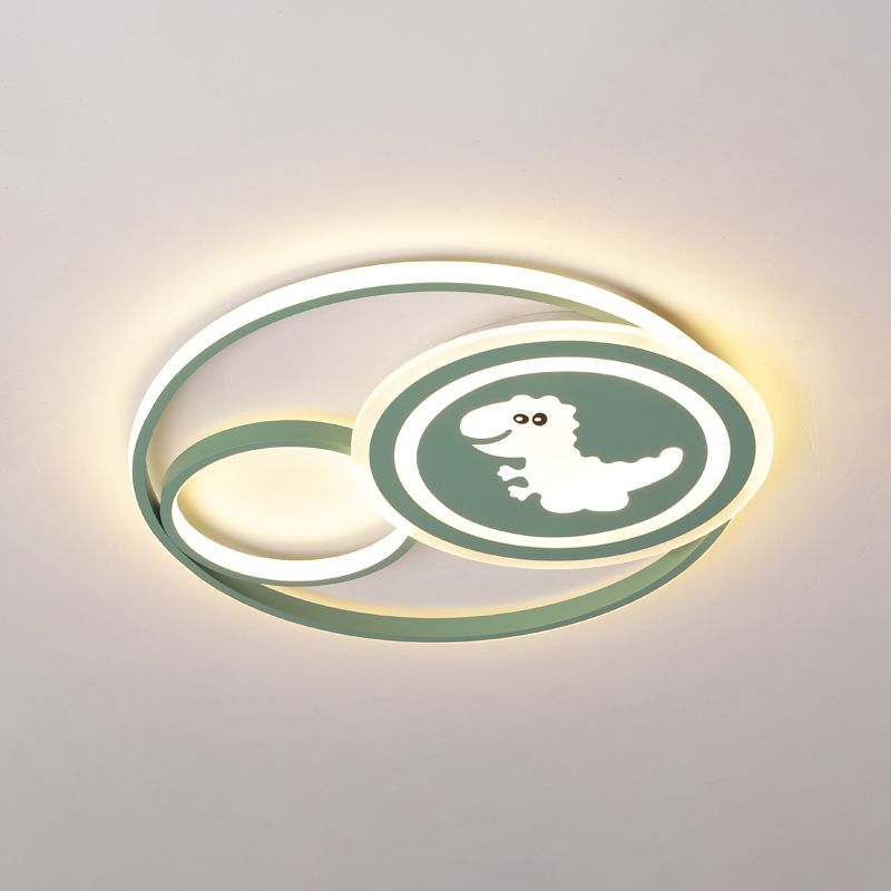 Acrylic Circle Ceiling Mounted Fixture Cartoon LED Flushmount in Pink/Green with Dinosaur/Unicorn Pattern, White/Warm Light