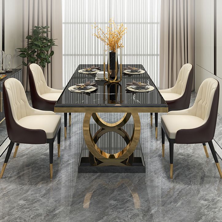 Rechteck traditioneller Luxus Esstisch Sintered Steintisch mit goldener Trestle Basis