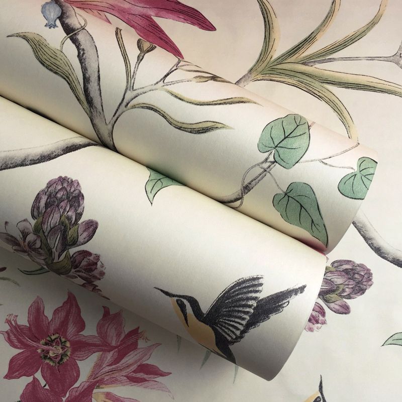 Adhesive Flower and Bird Wallpaper Non-Woven Rustic Wall Covering for Accent Wall, Removable