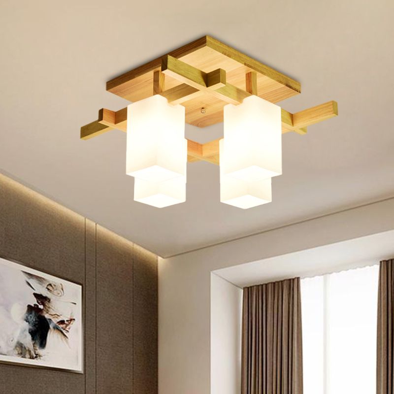 Lámpara de techo cuboide de vidrio de leche, luz de techo empotrada LED contemporánea de 4/6/8 luces en blanco para sala de estar