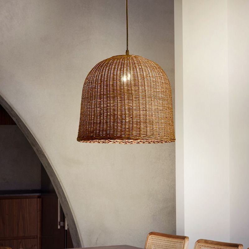 Farmhouse Natural Rattan Pendant Lighting 1-Light  Dining Room Hanging Lamp in Brown
