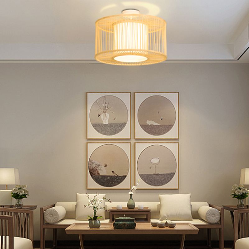Beige Cylindrical Ceiling Mounted Light Asia Style Bamboo Bedroom Ceiling Lighting