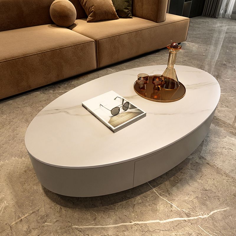 Oval Stone Coffee Table 1 Single Cocktail Table with 1 Storage Drawer