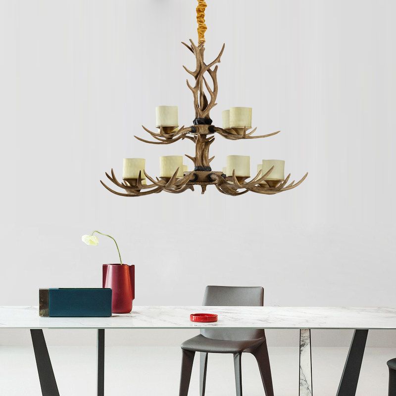 12 Heads Ceiling Chandelier Rustic 2-Tier Resin Hanging Pendant Light in Brown with Cylinder Frosted Glass Shade