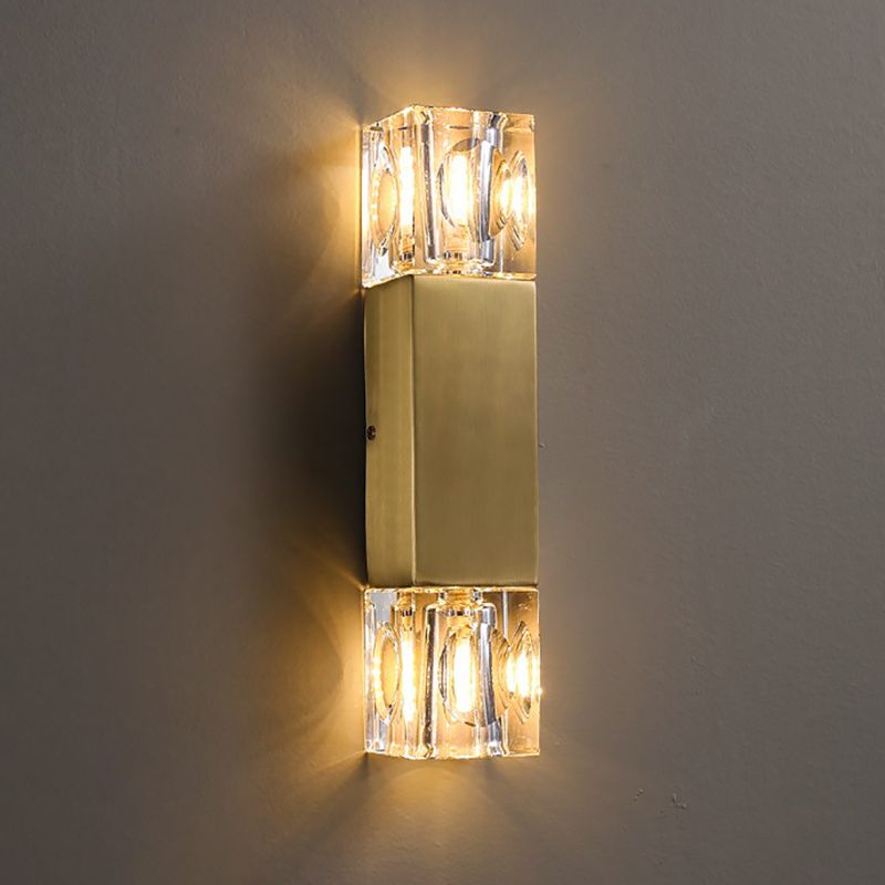 Modern Brass Wall Light Cuboid 12.5" High Wall Sconce with Crystal for Living Room