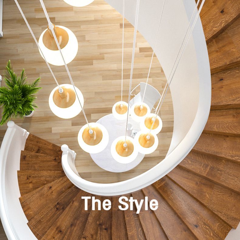 Spiral Stair Ceiling Pendant Simple Wood Multi Hanging Lamp with Ball White Glass Shade