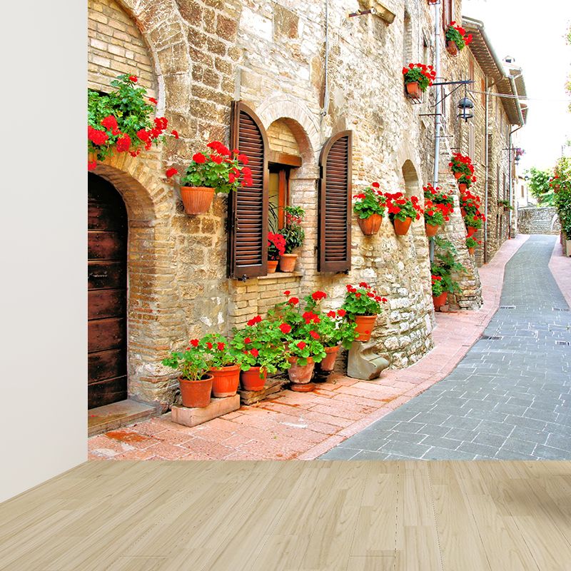 Modern Flowers and Building Mural Non-Woven Stain Resistant Red Wall Art for Living Room