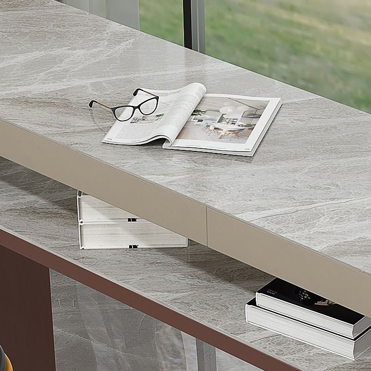 Industrial Rectangle Counter Height Table Stone Top Bar Table with Double Pedestal