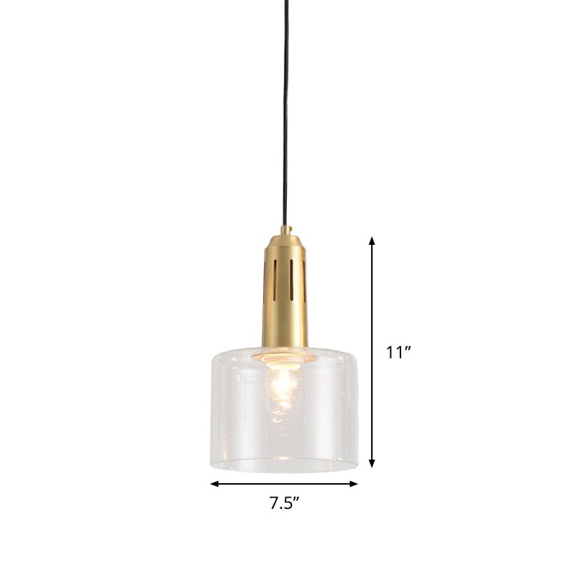 1 comedor ligero colgante lámpara colgante de latón posmoderno con cilindro sombra de vidrio transparente