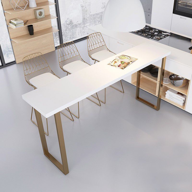 Glam Pub Table with Gold Metal Sled White Solid Wood Top Bar Table