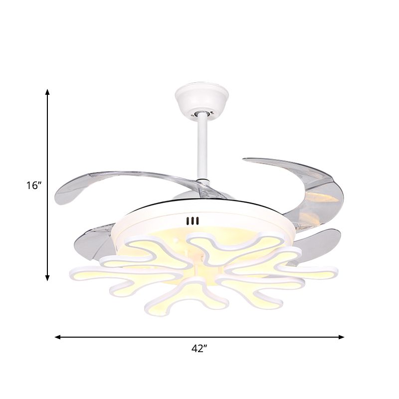 Zeitgenössische Bloom Anhänger Lächer Lampe Iron LED LED SEMI BUSH Deckenlicht mit 4 klaren Klingen in Weiß, 42 "Breite