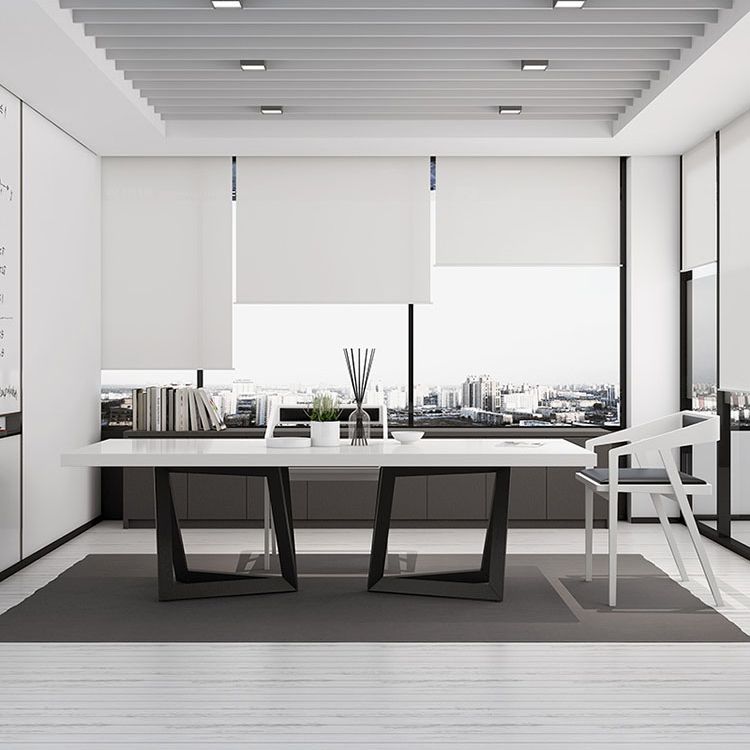 Mesa de comedor rectangular de estilo industrial, mesa fija con tapa blanca y madera maciza