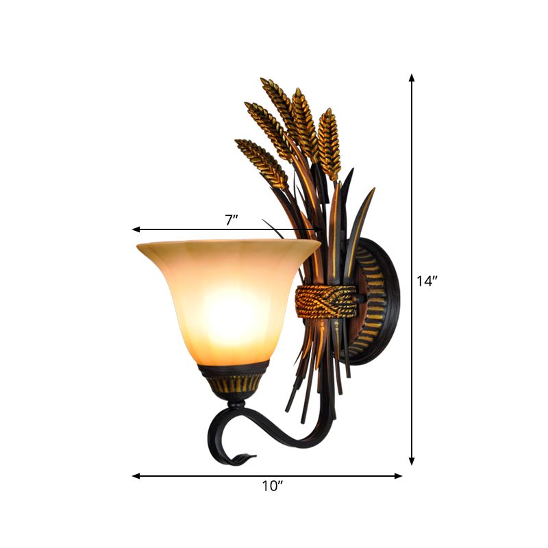 Milk Glass Brass Sconce Lamp Flared 1 Head Traditionalism Wall Mounted Light with Wheat Spike Decor