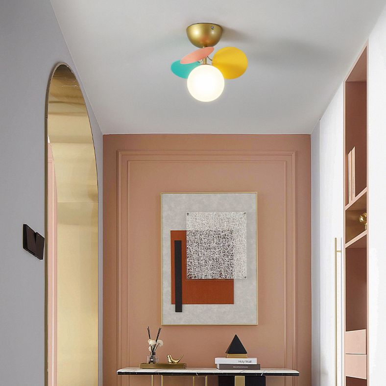 Flower Branch Metal Semi Flush Ceiling Light in Modern Simplicity Sputnik Indoor Flush Mount with Circular Opal Glass Shade