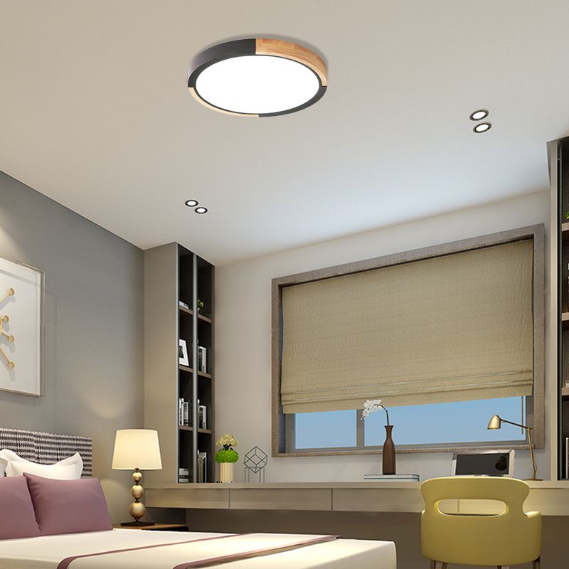 Nordic Style LED Ceiling Flush Black/Pink/White and Wood Splicing Disc Flush Mount Lighting with Acrylic Shade, Warm/White Light
