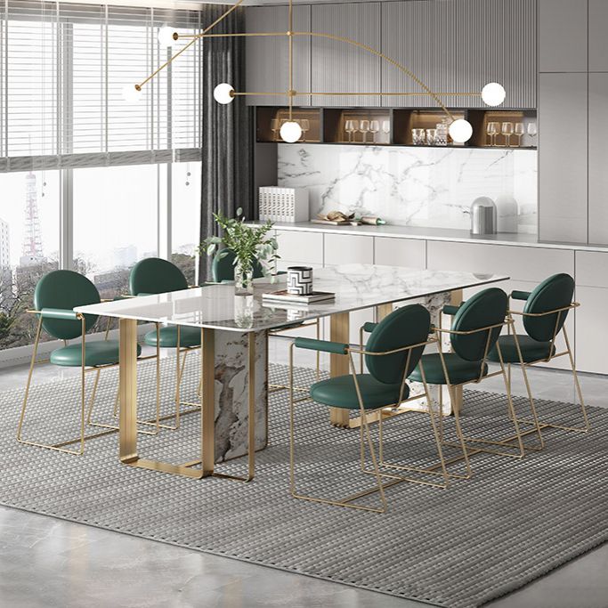 Contemporary Style Sintered Stone Dining Table with White Fixed Table and Double Pedestal Base