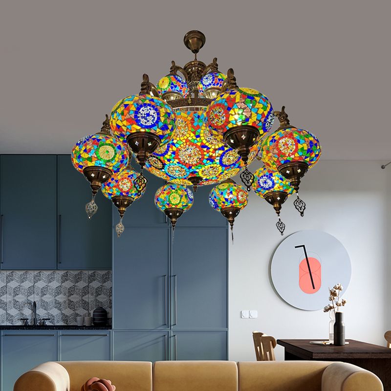 Traditional Oval Ceiling Pendant Light 16 Heads Stained Glass Chandelier Lighting in Bronze