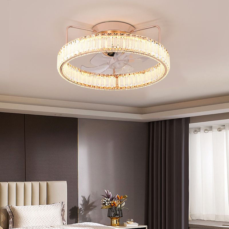 7-Blade LED Ceiling Fan Contemporary Crystal Golden Fan with Light for Foyer