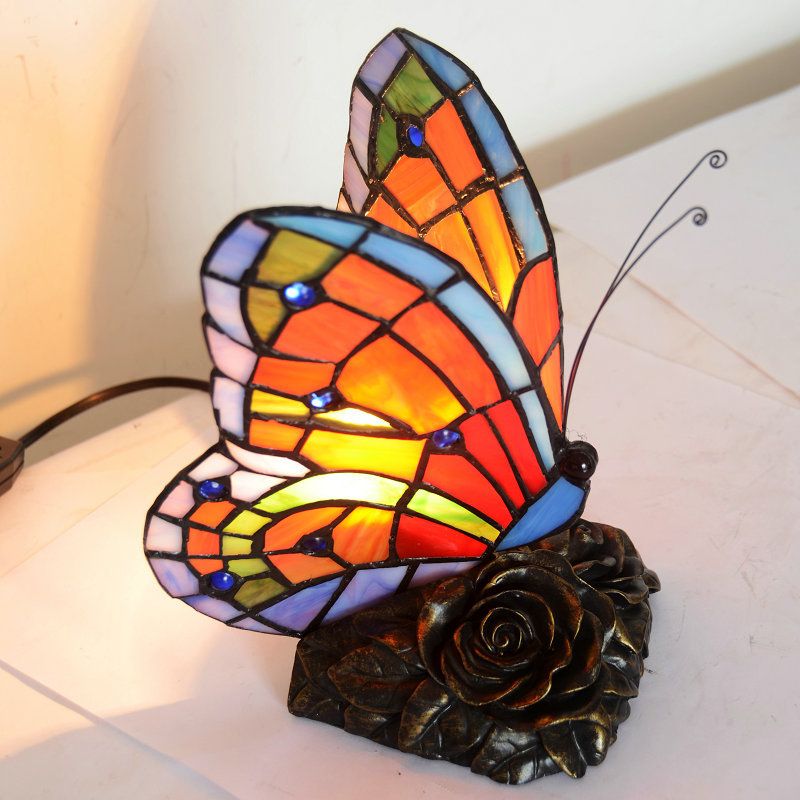 1 tête de nuit papillon clair de nuit méditerranéenne orange coupé à main la table de chevet en verre avec base rose