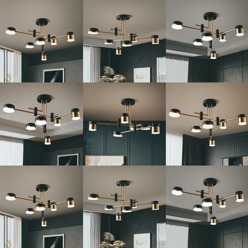 Moderno lampadario a sospensione radiale in metallo Luce a tamburo Sospensione LED Sospensione in nero per soggiorno