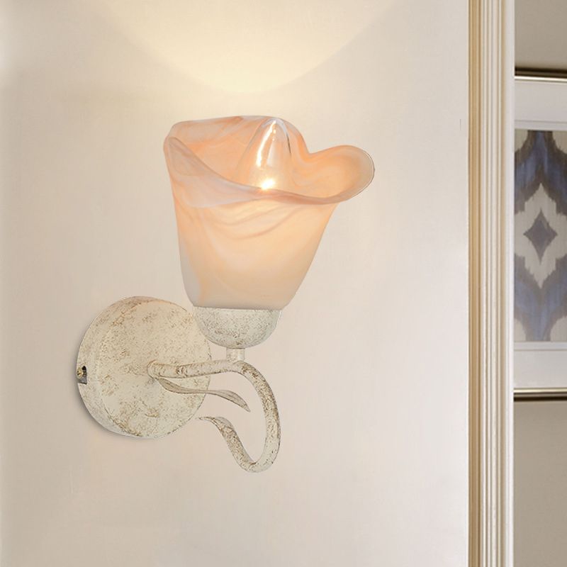 Frosted Glass Distressed White Sconce Floral Single Light Traditional Wall Mount Light with Round Backplate for Bedroom