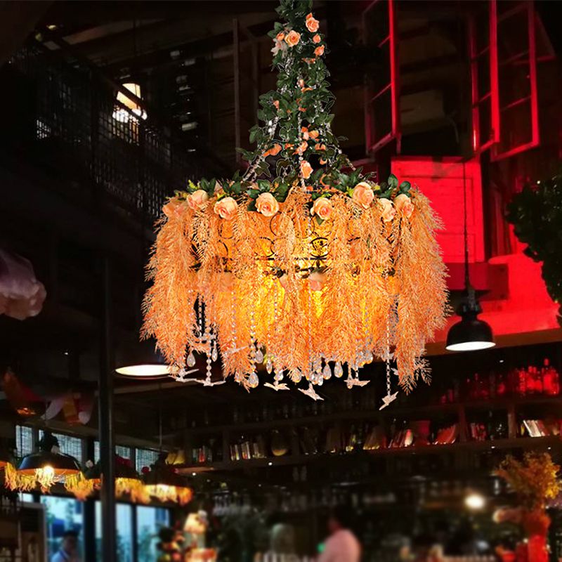 Bulb Cage ronde Cage Chandelier Light Warehouse Orange Metal Plafond Prident avec décoration de plantes
