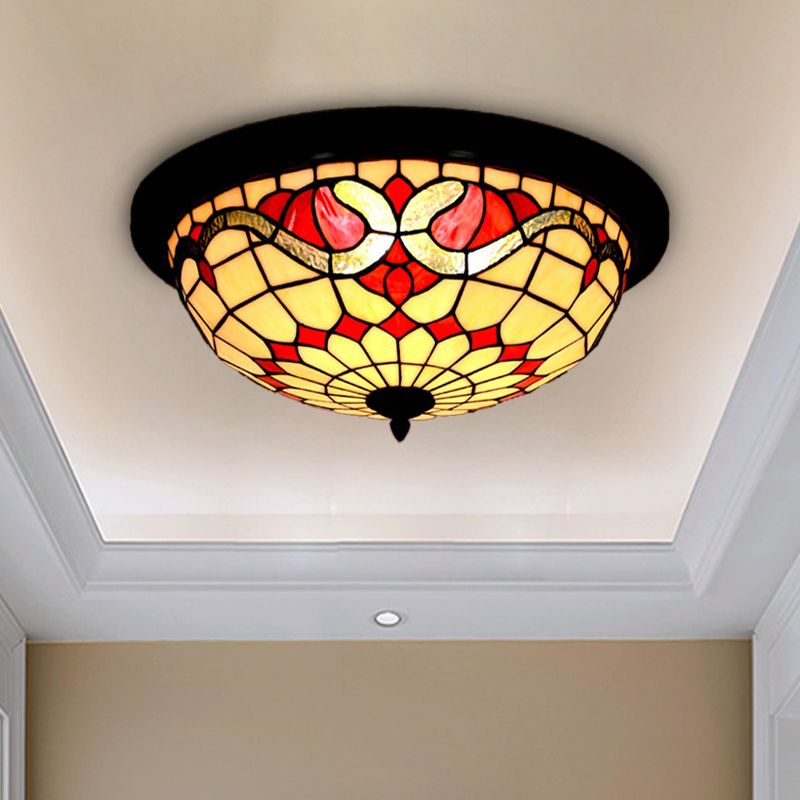 Stained Glass Black Flushmount Bowl Shaped Baroque Style LED Ceiling Lighting for Bedroom
