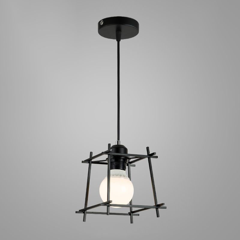 Industrial Cage Pendant Lighting 1-Light Metal Drop Lamp in Black for Restaurant
