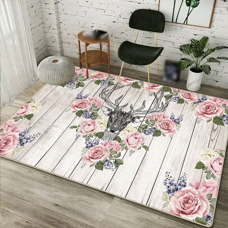 Modern Floral Pattern Area Rug Pink Polyester Area Carpet Non-Slip Backing Rug for Home Decor
