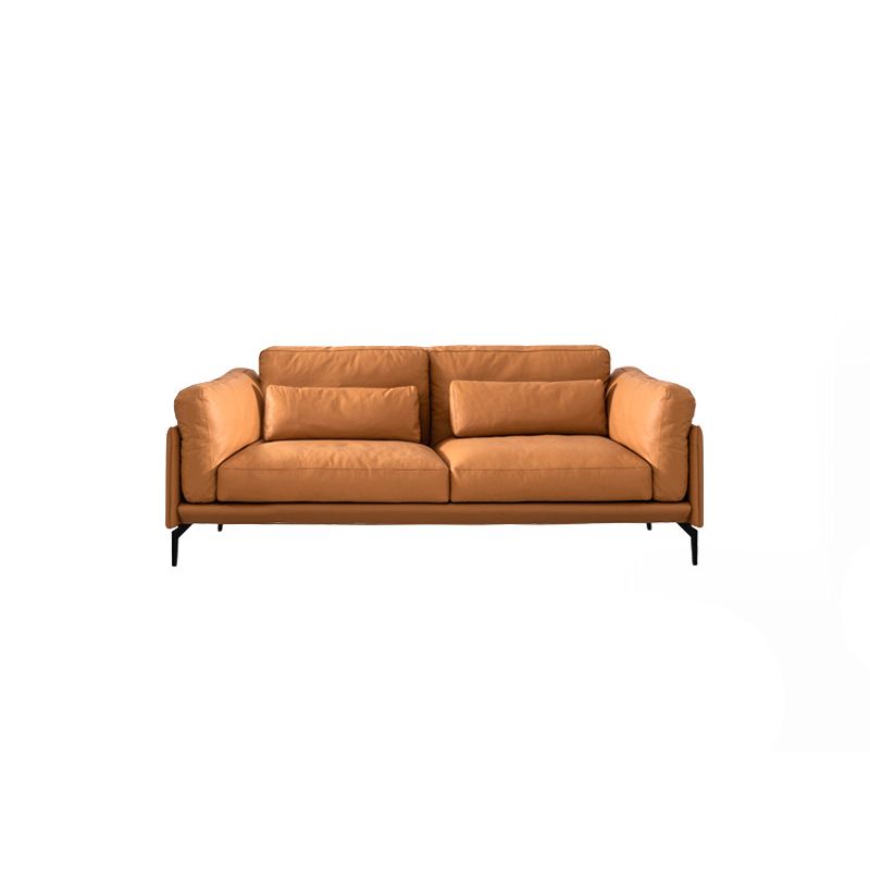 Square Arm Genuine Leather Sofa and Chaise Brown Sectional with Bolster Pillows