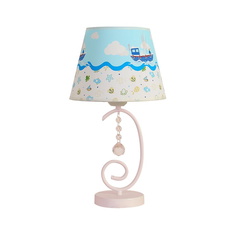 Barrel Bedroom Table Light Fabric 1 Bulb Cartoon Night Lamp in White with Crystal Drop and Sheep/Loving Heart/Elephant Pattern
