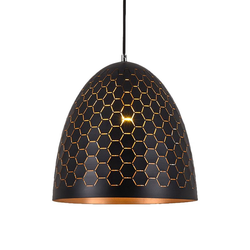 1 Bulb Domed Drop Pendant Factory Black Metal Suspension Light with Honeycomb Pattern, 10"/12"/16" Wide