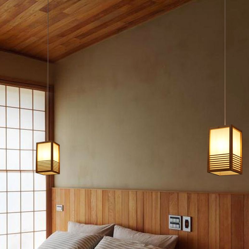 1 Head Rectangular Pendant Lighting Japanese Wood Ceiling Hanging Light in Beige