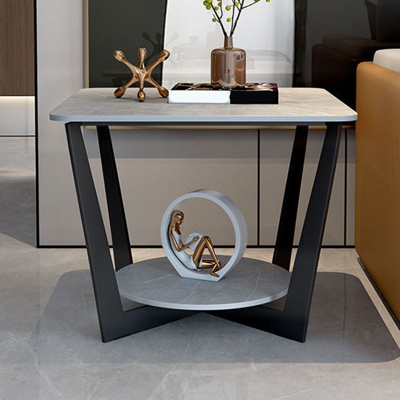 Modern Style Metal Iron Black Base Slab Top with Storage Rack Round Side Table