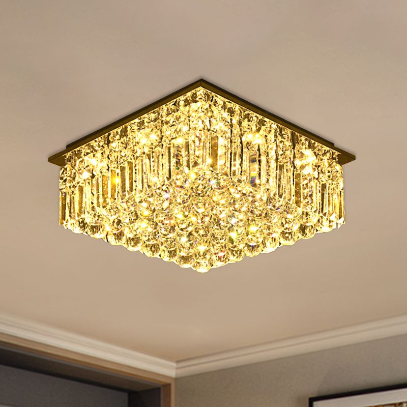 Stainless-Steel Square Ceiling Light Modern Clear Bevel Cut Glass LED Flush Mount Lighting for Bedroom