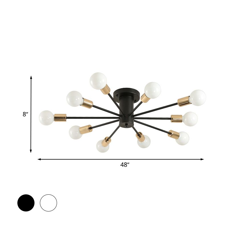 6/8 Heads Bare Bulb Semi Flush Mount Light Vintage Style Black/White Metallic Ceiling Light Fixture for Kitchen