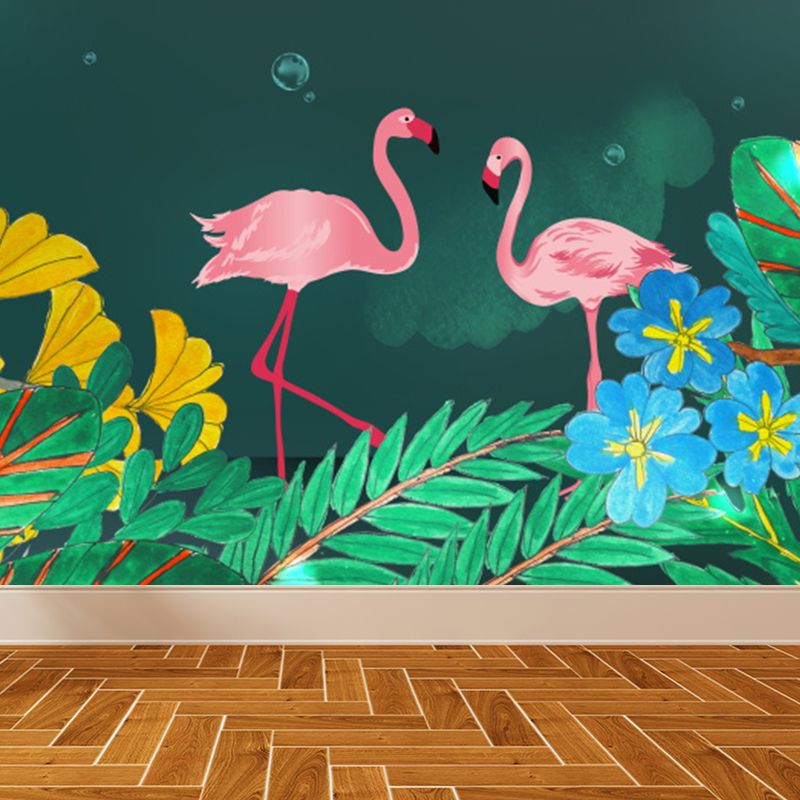 Waterproof Flamingo and Leaves Mural Tropical Non-Woven Wall Art, Custom Size Available