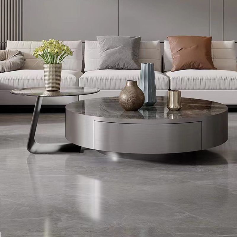 Modern Gray Cocktail Table Round Glass / Slate Coffee Table