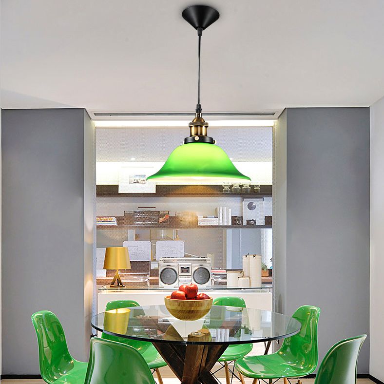 Green 1 Light Bell Pendant Lamp Vintage Industrial Glass Hanging Lamp for Living Room