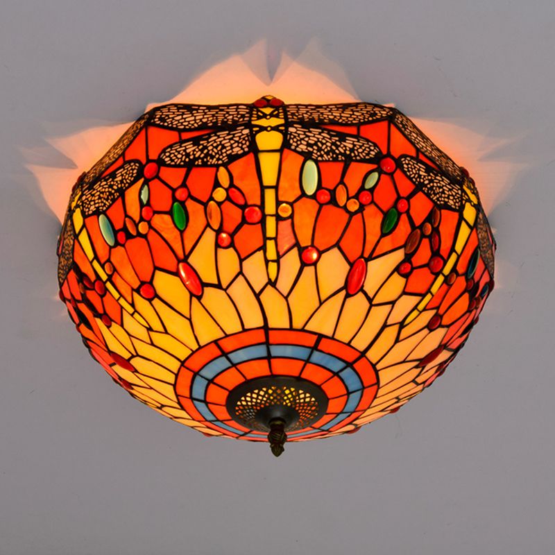 3 Heads Living Room Ceiling Mounted Fixture Tiffany Red/Yellow/Orange Flush Mount Lamp with Dragonfly Stained Glass Shade