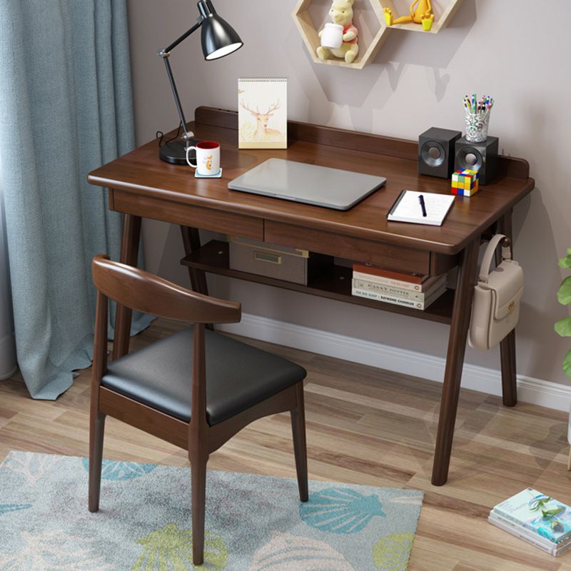 Writing Kids Desks and Chair Set with Shelf Solid Wood 2 Drawers Child Desks