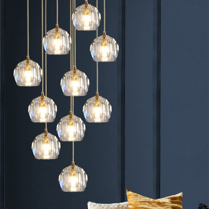 Dome Shade Pendant Light Contemporary Faceted Crystal Staircase Suspension Light Fixture in Brass