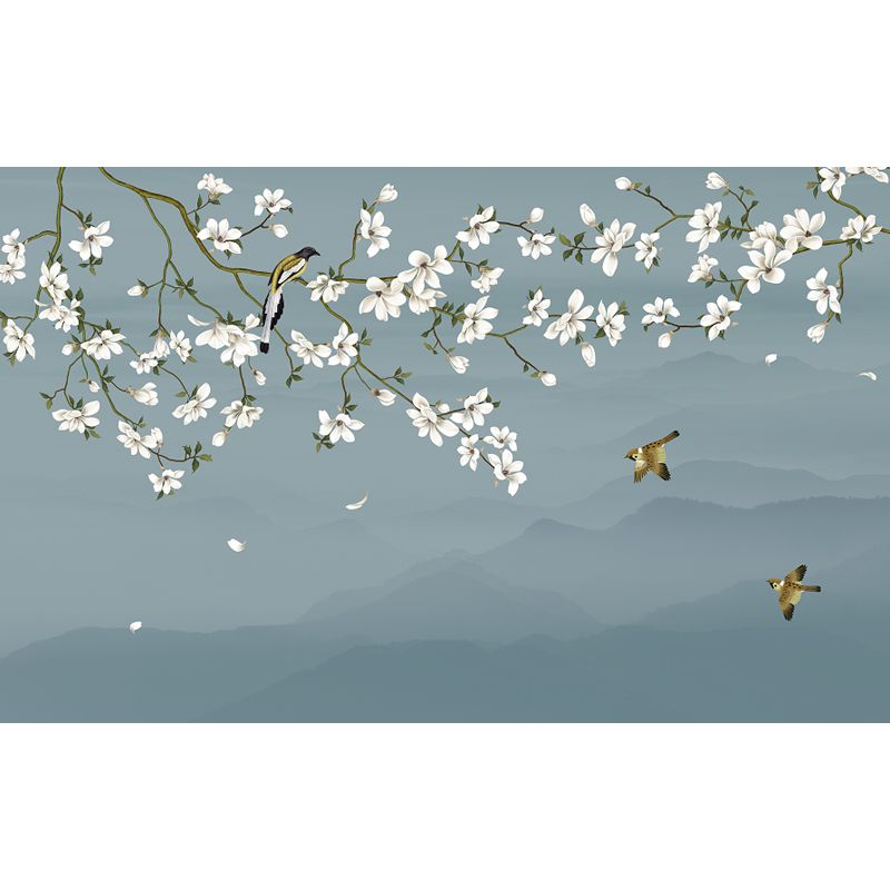 Bird and Flower Branch Mural for Home Misty Mountain Landscape Wall Art in Blue for Decor
