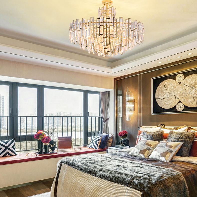 Tiered Crystal Suspension Light Fixture Contemporary Gold Chandelier for Living Room